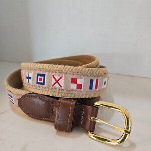 Nautical Flag Pattern Fabric Belt  Leather Accents Gold Buckle 45" - 48"